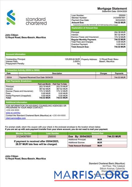 Downloadable Mauritius Standard Chartered Bank (Mauritius) mortgage statement Word and PDF template